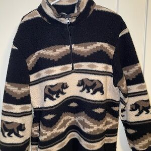 Old Navy Men's Black and Brown Bear Pattern Zip-Up Sweater